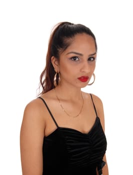 A closeup portrait image of a brunette woman in a black dress and.earrings and necklace, isolated for white background.