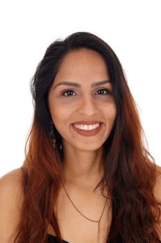 A closeup portrait image of a brunette woman in a black dress and.smiling, with necklace, isolated for white background.
