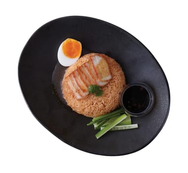 Crispy Omelet over Rice with Spicy Vegetable and Soup..Clipping path (Dicut around Object) for work.