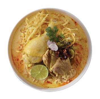 Noodle Curry Soup with Chicken and Pork and Beef Northern Thailand Style..Clipping path (Dicut around Object) for work.