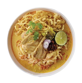 Noodle Curry Soup with Pork Northern Thailand Style..Clipping path (Dicut around Object) for work.
