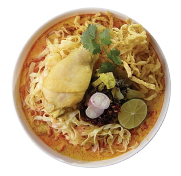 Noodle Curry Soup with Pork Northern Thailand Style..Clipping path (Dicut around Object) for work.