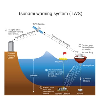A tsunami warning system (TWS) is used to detect tsunamis in advance and issue warnings to prevent loss of life and damage. It is made up of two equally important components: a network of sensors to detect tsunamis and a communications infrastructure to issue timely alarms to permit evacuation of the coastal areas..