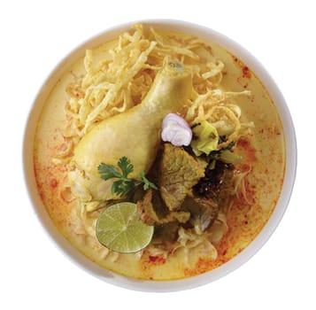 Noodle Curry Soup with Chicken and Pork and Beef Northern Thailand Style..Clipping path (Dicut around Object) for work.