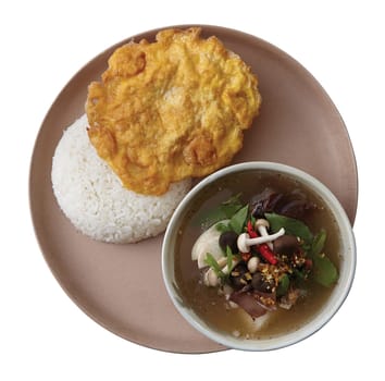 Omelet over Rice with Clear Soup with Tofu. Thai food style..Clipping path (Dicut around Object) for work.