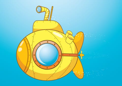 Yellow submarine cartoon in deep blue ocean. Illustration vector character.