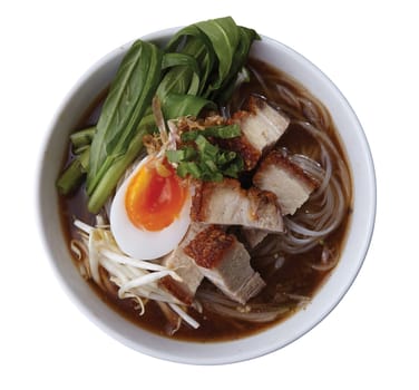 Noodle Soup with Crispy Pork and Medium Boiled Egg. Chiness menu food..Clipping path (Dicut around Object) for work.