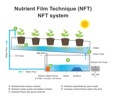 Nutrient film technique is a hydroponic technique where in a very shallow stream of water containing all the dissolved nutrients required for plant growth. Education info graphic vector.