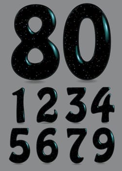 Set of Black Numbers with glared effect and colorful spray. One, two, three, four, five, six, seven, eight, nine, zero.  Illustration