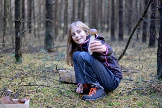 Girl collects mushrooms