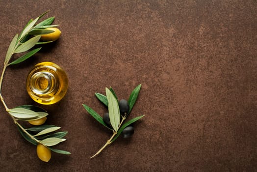 Olive oil and olive branch on brown background