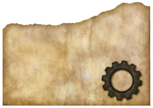 yellowed cracked paper and rusty gear - 3d rendering