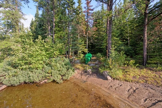 Canoe on Shore in a Hidden Campsite on Tuscarora Lake in the Boundary Waters in Minnesota