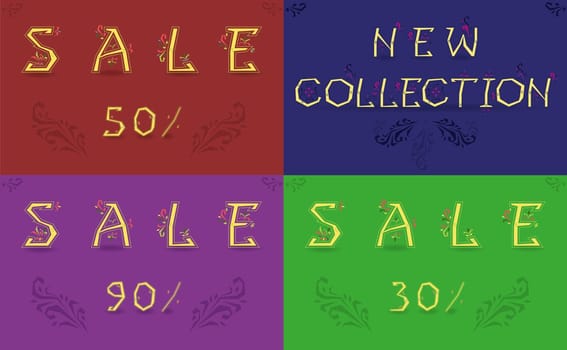 Cards with inscriptions for retail. Sale. New collection. Artistic floral font. Yellow letters with floral decor. Colorful backgrounds. Illustration