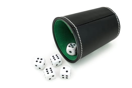 Dice game,cup with dice on a white background