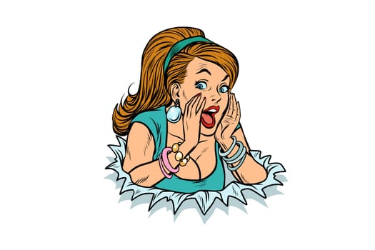 woman breakthrough paper background. Pop art retro vector illustration