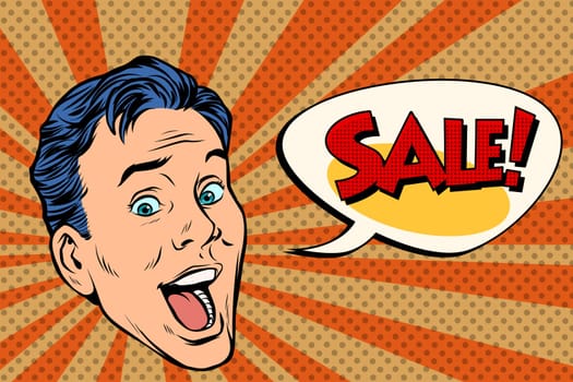 head pop art style sale man. Pop art retro vector illustration