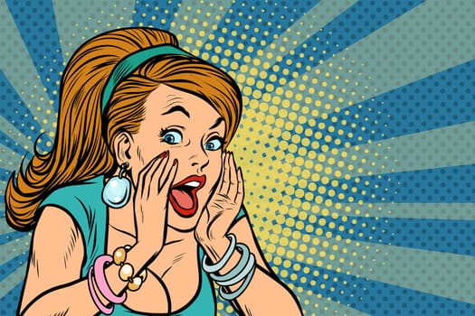 Beautiful woman pop art announcement and advertising. Pop art retro vector illustration