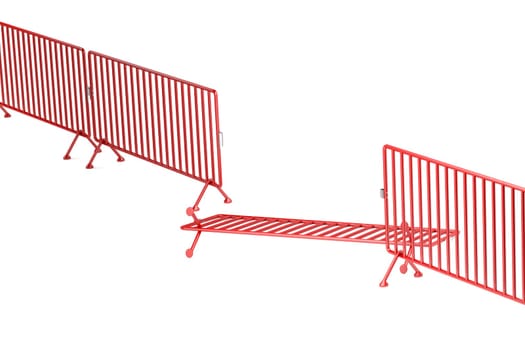 Broken crowd control barrier on white background