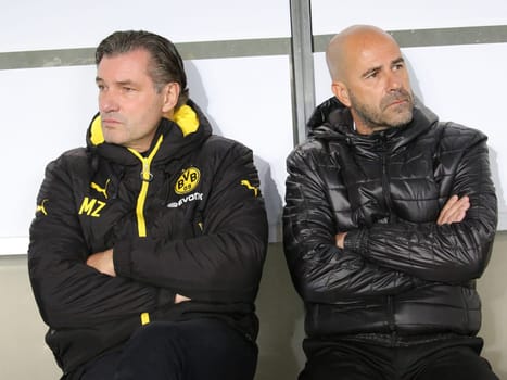 Sporting Director Michael Zorc and Head Coach Peter Bosz (both Borussia Dortmund) at the DFB Cup match 1.FC Magdeburg - Borussia Dortmund on 24.10.2017