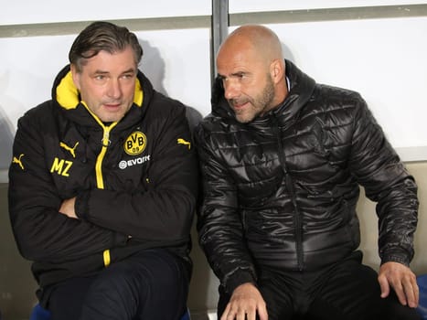 Sporting Director Michael Zorc and Head Coach Peter Bosz (both Borussia Dortmund) at the DFB Cup match 1.FC Magdeburg - Borussia Dortmund on 24.10.2017