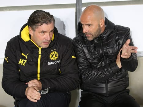 Sporting Director Michael Zorc and Head Coach Peter Bosz (both Borussia Dortmund) at the DFB Cup match 1.FC Magdeburg - Borussia Dortmund on 24.10.2017