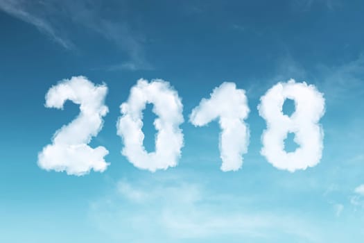 Blue sky with 2018 white cloud. Happy New Year 2018