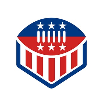 Icon style illustration of an American Football on top of crest shield with USA stars and stripes banner Flag isolated background.