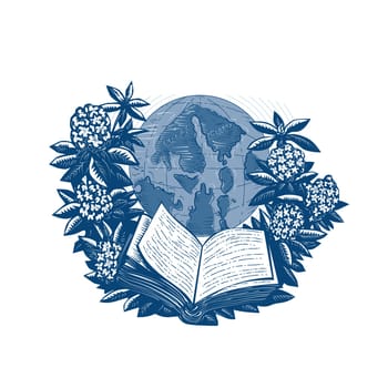 Drawing sketch style illustration showing map of Orcas Island on globe framed by Rhododendron flower and leaves with open book below on isolated background.