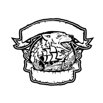 Retro style illustration of an angry wolf head with galleon pirate ship below it framed from ribbon and banner on isolated background in black and white.