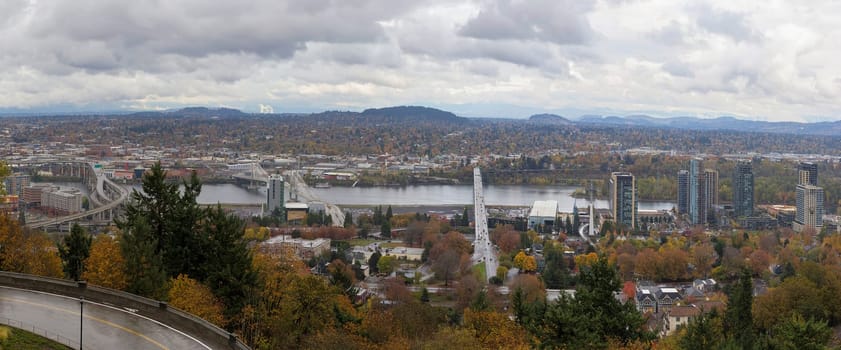Bridges of Portland Oregon Over Willamette River with Fall Season Color Panorama USA America