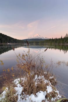 Winter Season at Trillium Lake with Mount Hood Reflection in Oregon United States America during Sunset