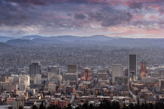 Portland Oregon Downtown Skyline Cityscape on a Cloudy Day Closeup United States America