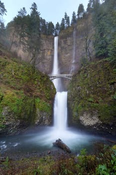 Multnomah Falls in Columbia River Gorge Oregon on a Rainy Day United States America