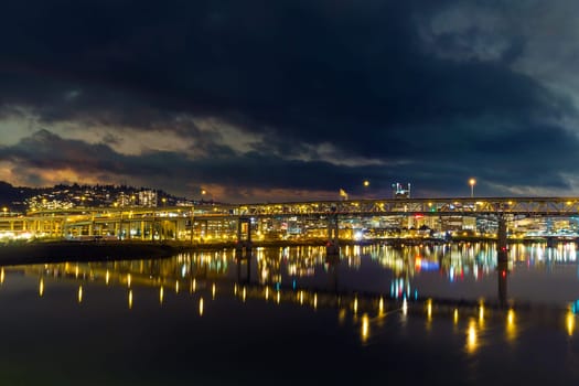 Marquam Bridge over Willamette River Reflection in Portland Oregon at Night