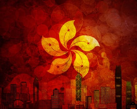 Hong Kong City Skyline and Big Buddha Statue Panorama in Hong Kong Flag Grunge Texture Background Color Illustration