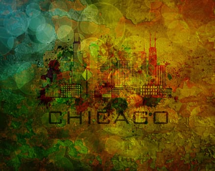 Chicago City Skyline Panorama Color Outline Silhouette with Paint Splatter on Grunge Texture Background Illustration