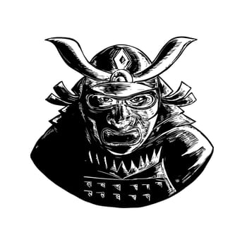 Zentagle inspired and tangled mandala illustration of a Japanese samurai warrior wearing a kabuto helmet viewed from front on isolated backgound.