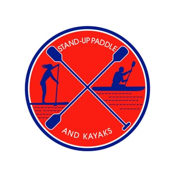 Retro style illustration of female on stand-up paddle or sup and male on kayak paddling with crossed paddle in center set inside circle on isolated background.