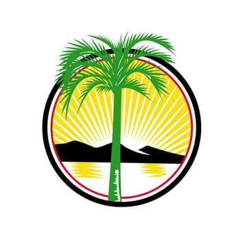Retro style illustration of a royal palm tree with beach, sea or ocean and mountain in background set inside circle with sunburst on isolated background.