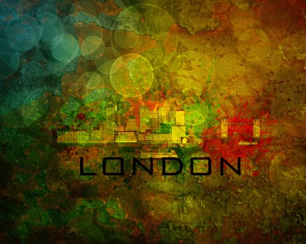 London Great Britain City Skyline with Paint Splatter Abstract on Grunge Texture Background Color Illustration