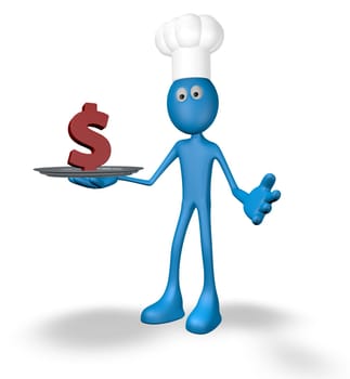 cartoon figure cook holds tray with dollar sign - 3d illustration