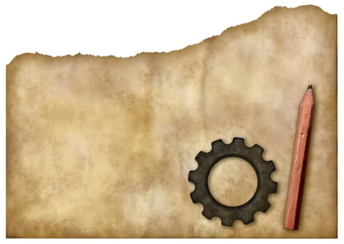 rusty gear and pencil on yellowed paper
