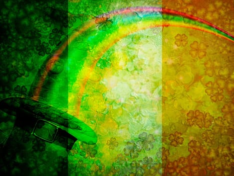 St Patricks Day Four Leaf Clover Shamrock Leprechaun Hat Gold Coins Rainbow with Grunge Texture Irish Flag Background