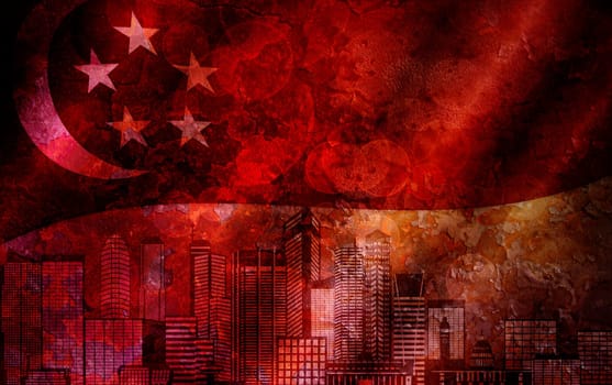 Singapore City Skyline with Flag Grunge Texture Background Illustration