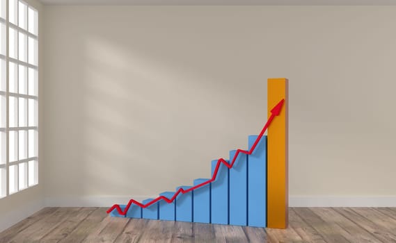 Bright room with an upswing business graph, property or new home rising in value concept, 3d rendering