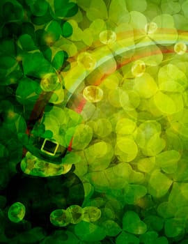 St Patricks Day Shamrock Leaves Border and Background with Pot of Gold Coins Leprechaun Hat Rainbow Illustration