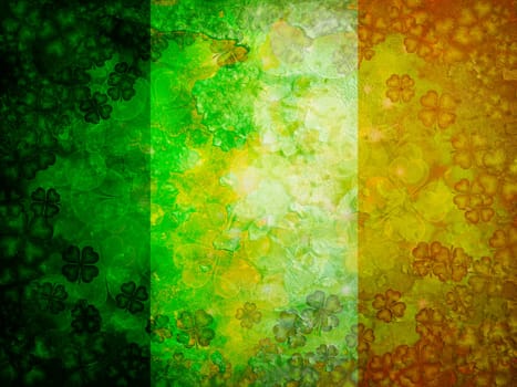 St Patricks Day Four Leaf Clover Shamrock with Grunge Texture Irish Flag Background
