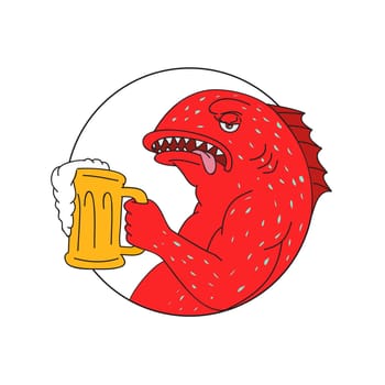 Drawing sketch style illustration of a coral trout, leopard coral grouper, or leopard coral trout, a fish in the Serranidae family holding a beer mug set inside circle.