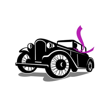 Retro style illustration of Vintage Coupe car automobile with driver wearing Flowing Scarf Retro viewed at a low angle on isolated background.